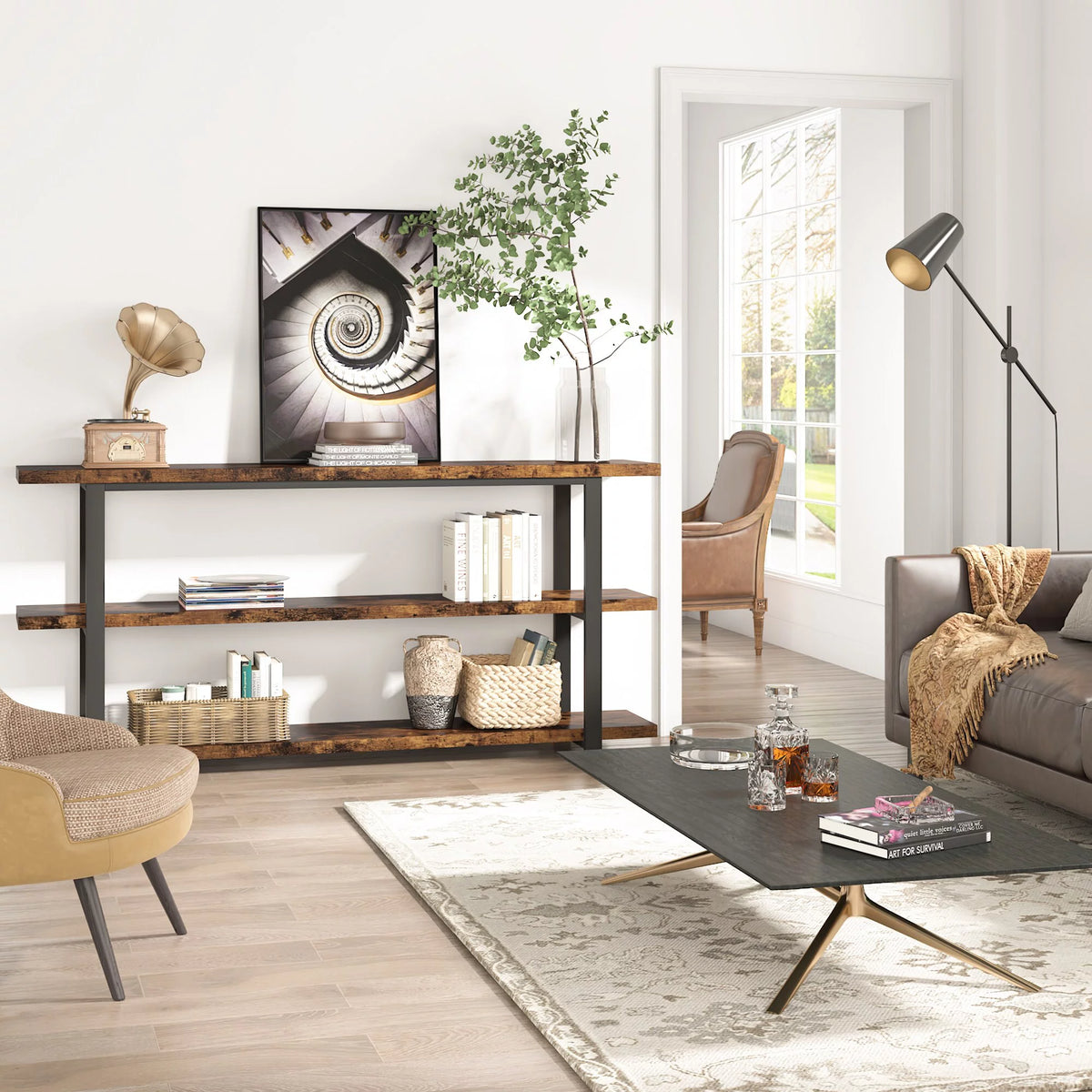 3-Tier Rustic Brown Console Table Shelving Unit M5926