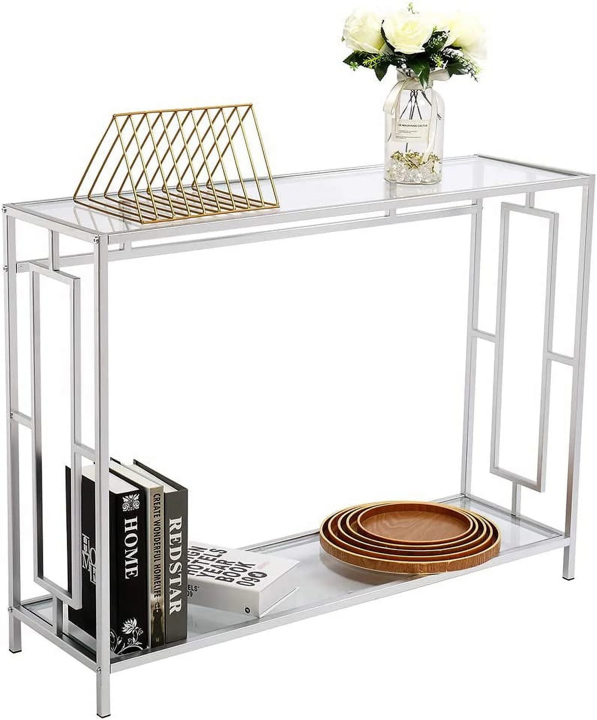 2-Tier Glass Console Table with Tempered Glass Top and Metal Frame E933772