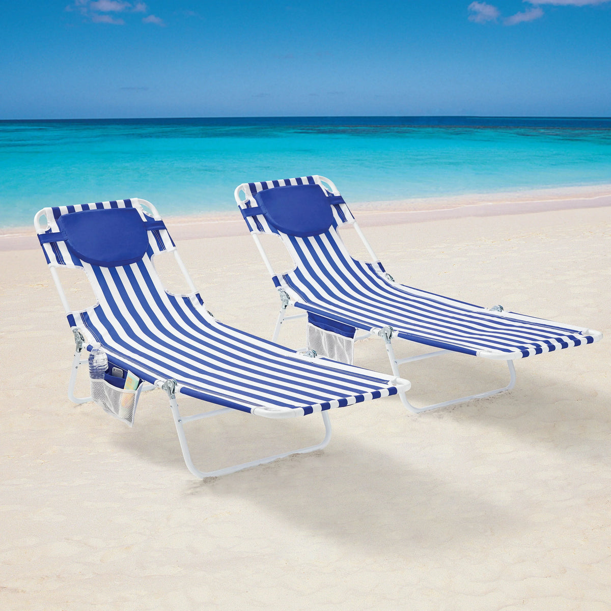 Blue & White Stripe Folding Beach Lounger 2-Pack L666