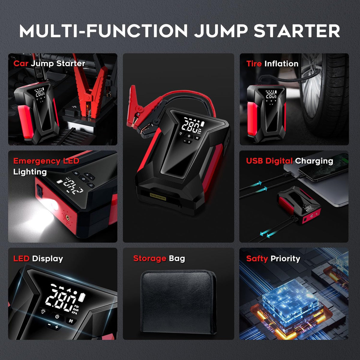 4000A Peak Car Jump Starter with Air Compressor and Emergency LED Light E9548