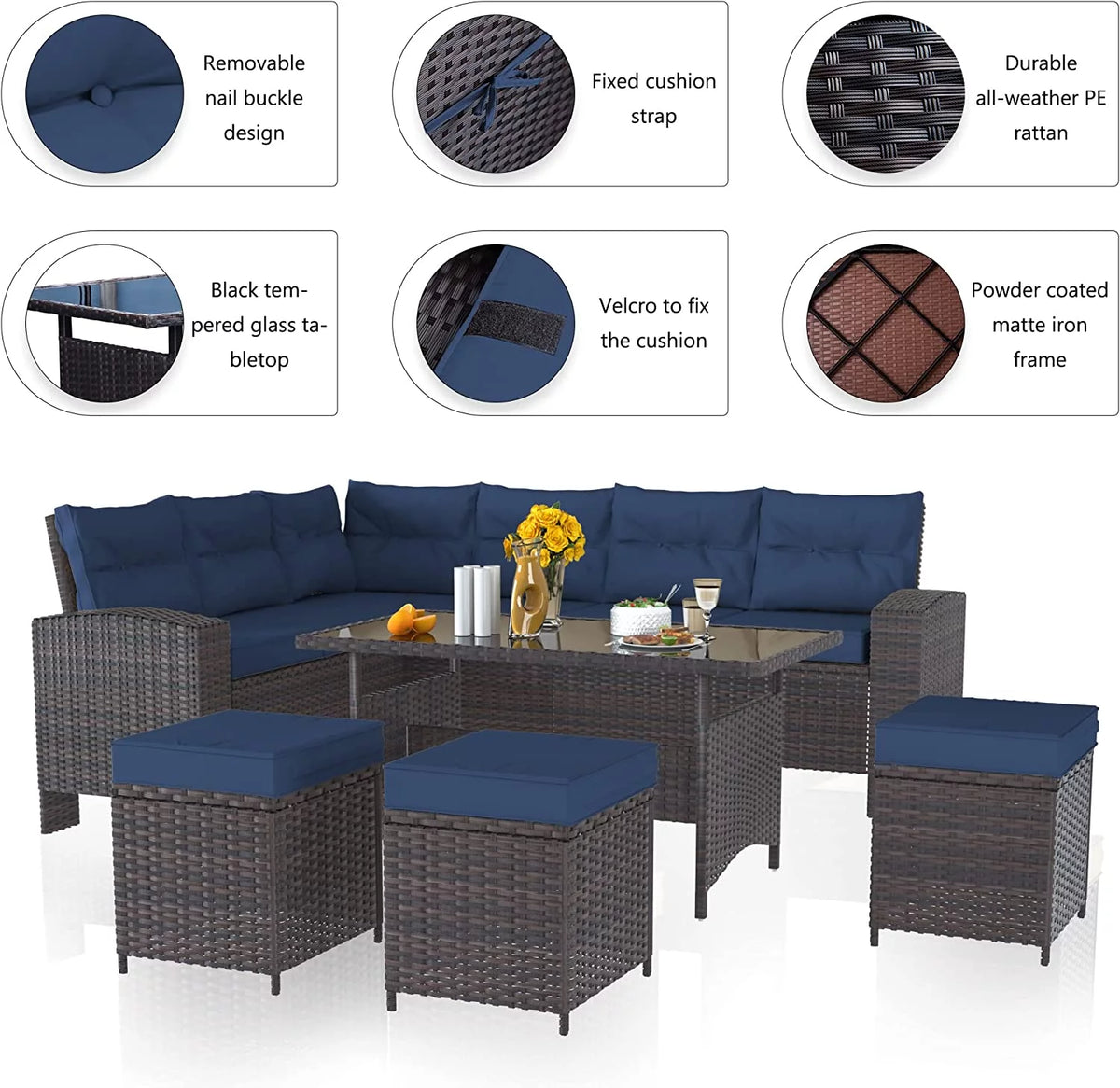 Brown Rattan 7 Pieces Outdoor Dining Set with Red Cushions I6982