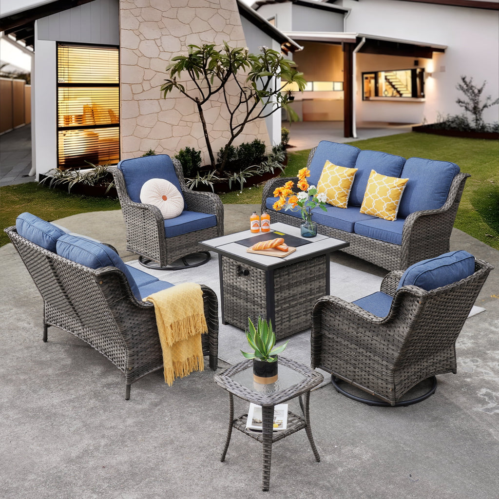 6 Pieces Outdoor Patio Furniture with Fire Pit Table Wicker Patio Sectional Sofa with Swivel Chairs A234857