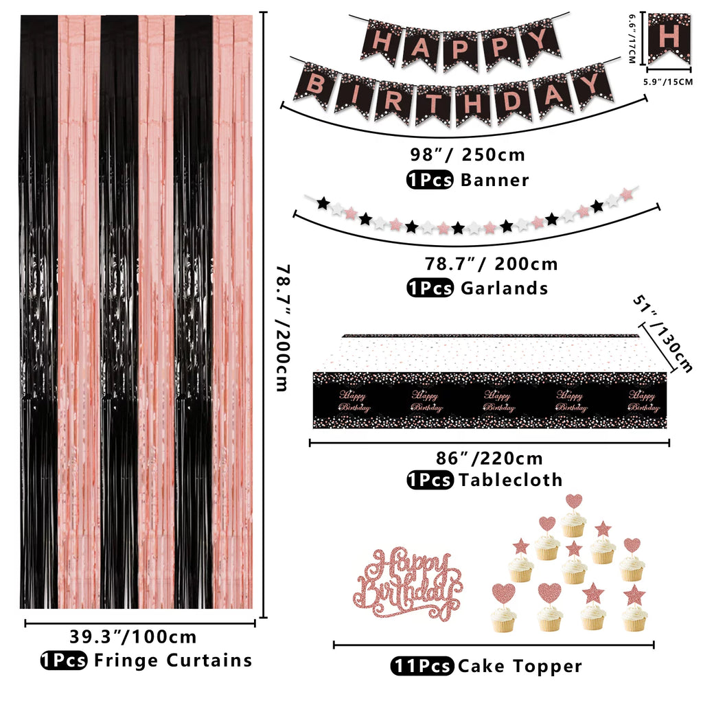 Rose Gold and Black Birthday Banner, Balloons, Fringe Curtains, Tablecloth and Cake Topper U34232