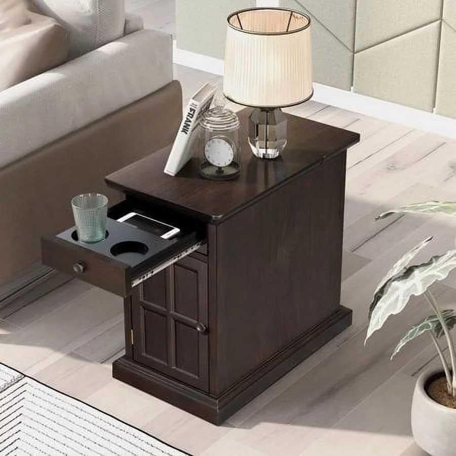 Vintage End Table with USB Ports Drawer and Cup Holders F288