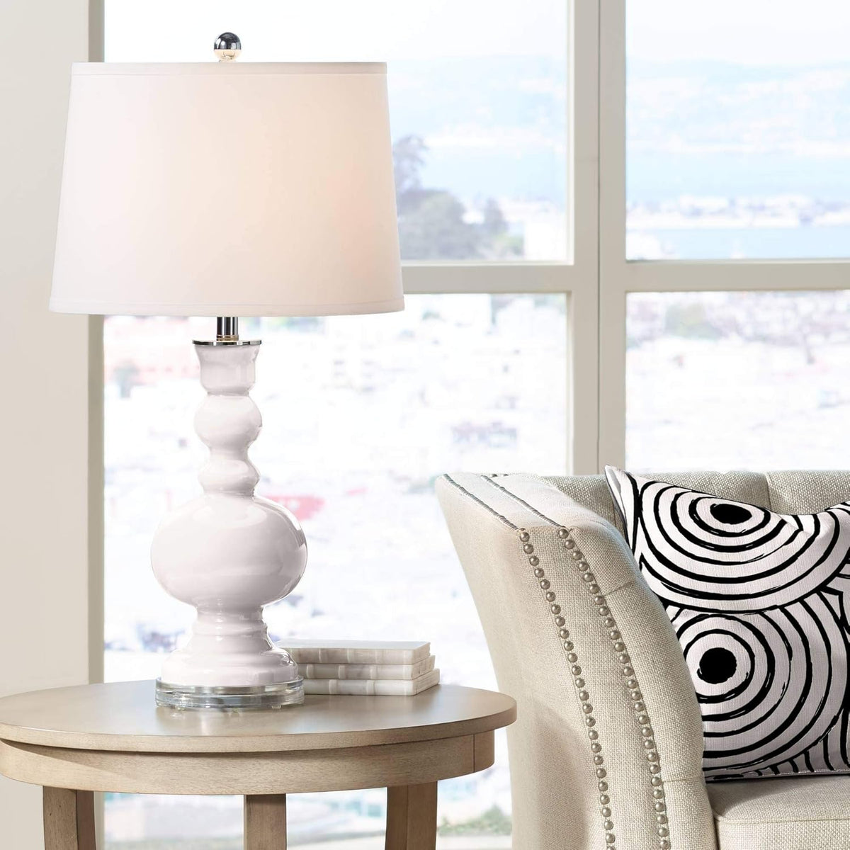 Clear Glass Apothecary Table Lamp with White Linen Drum Shade I119