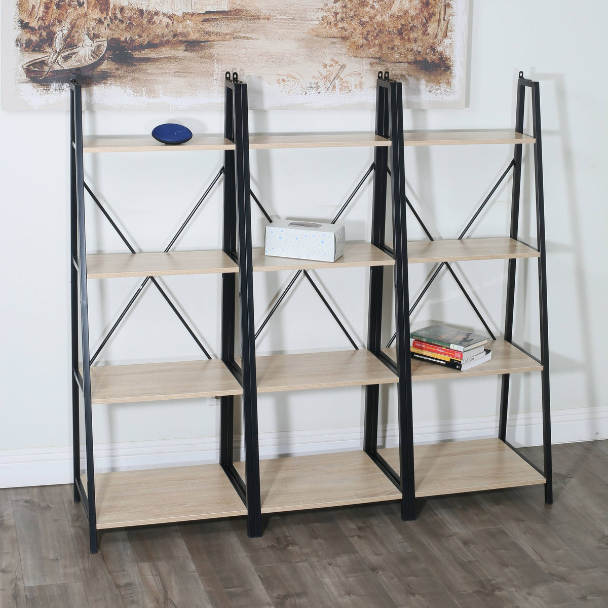 4-Tier Oak Ladder Bookshelf Metal Frame Brown M7691