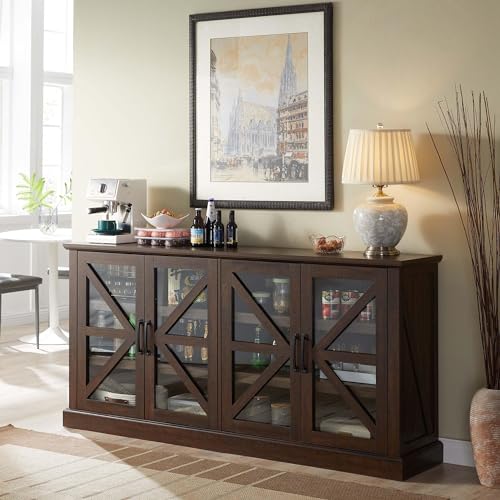 70" Wood Rustic Sideboard Buffet Cabinet with 4 Glass Barn Doors & Adjustable Shelf (Dark Grey) D85591