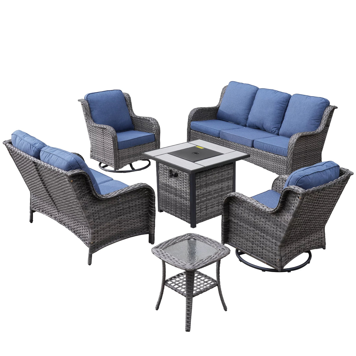 6 Pieces Outdoor Patio Furniture with Fire Pit Table Wicker Patio Sectional Sofa with Swivel Chairs A234857