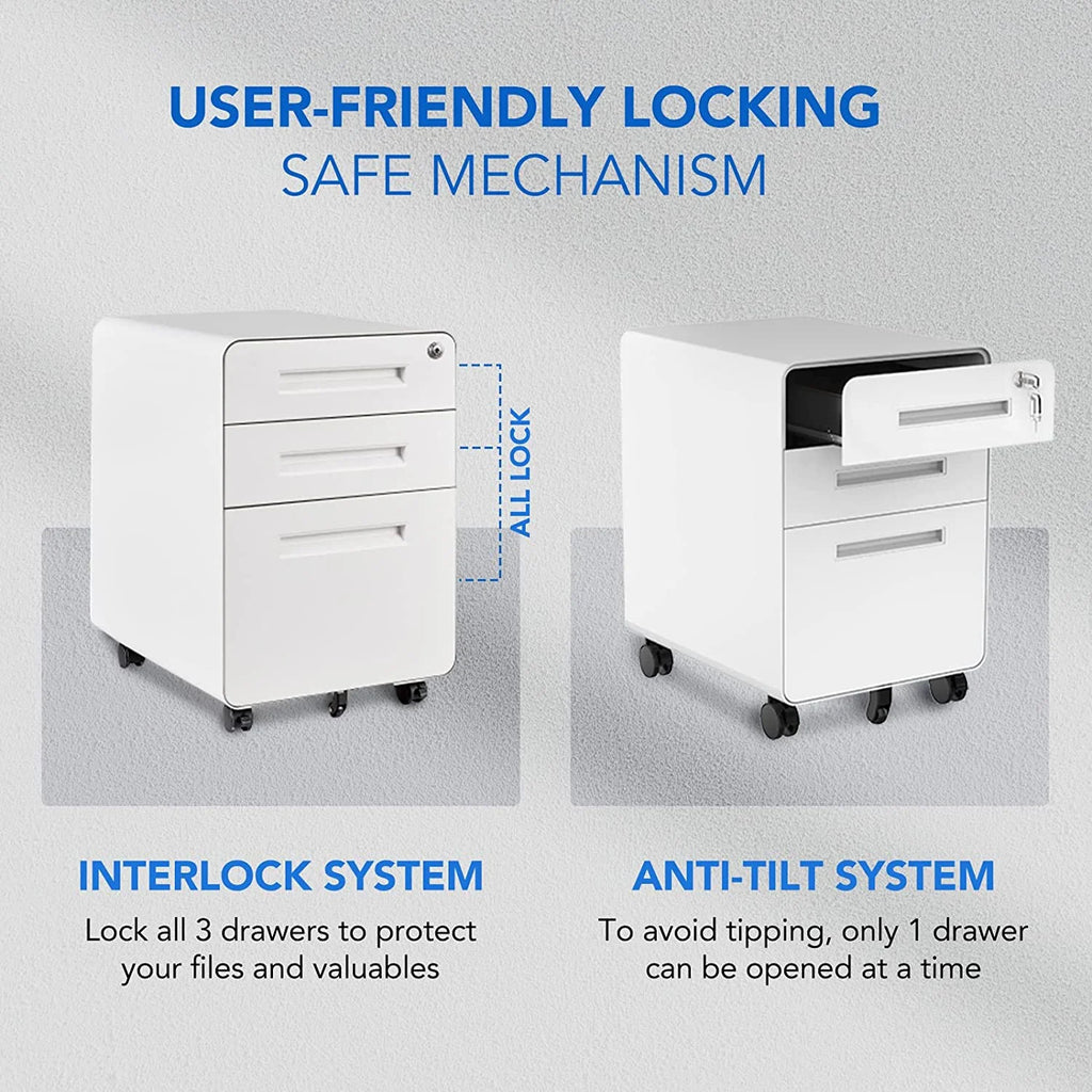 White 3 Drawer Metal File Cabinet with Lock E93463