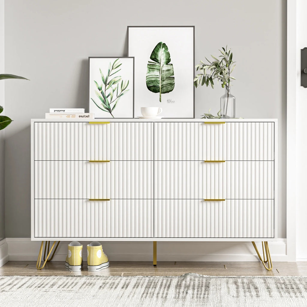 White 6 Drawer Dresser with Gold Handles A361