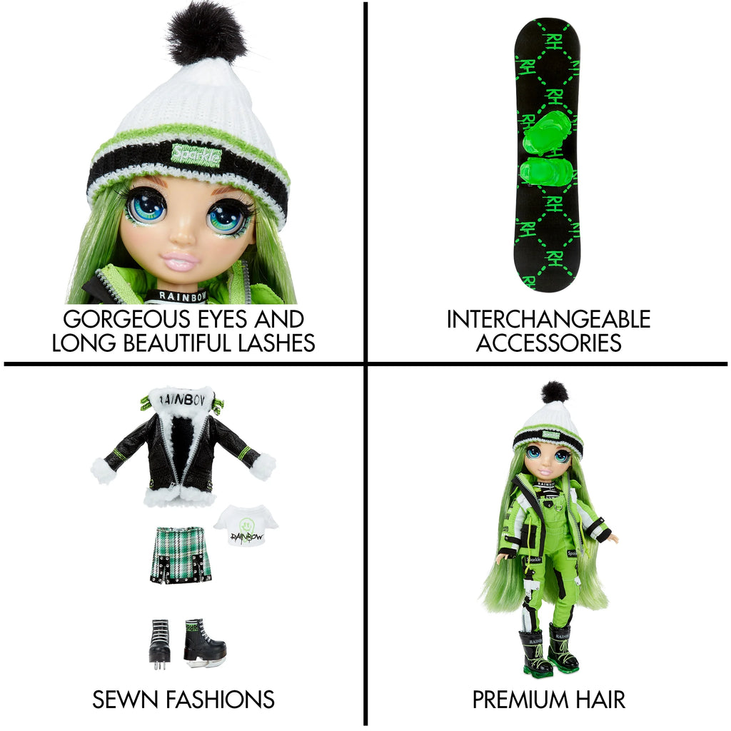 Green Winter Break Fashion Doll and Playset with 2 Complete Doll Outfits, Snowboard and Winter Doll Accessories W849884