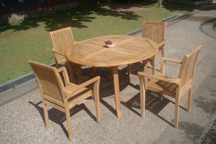 5 Pc Teak Dining Set with Round Table and 4 Stacking Arm Chairs I76336