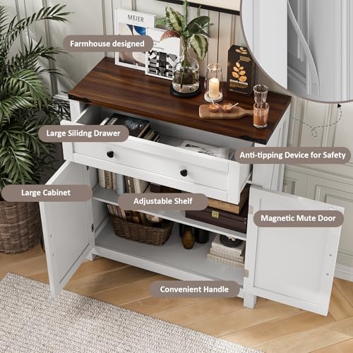 White Freestanding Storage Cabinet with 2 Doors and Walnut Countertop H9283