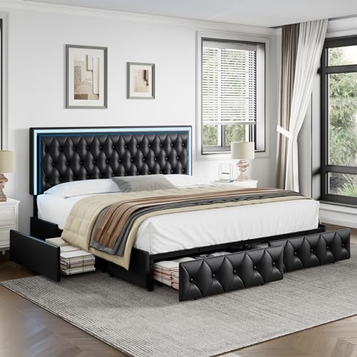 White Upholstered LED Bed Frame with 4 Drawers Z1328
