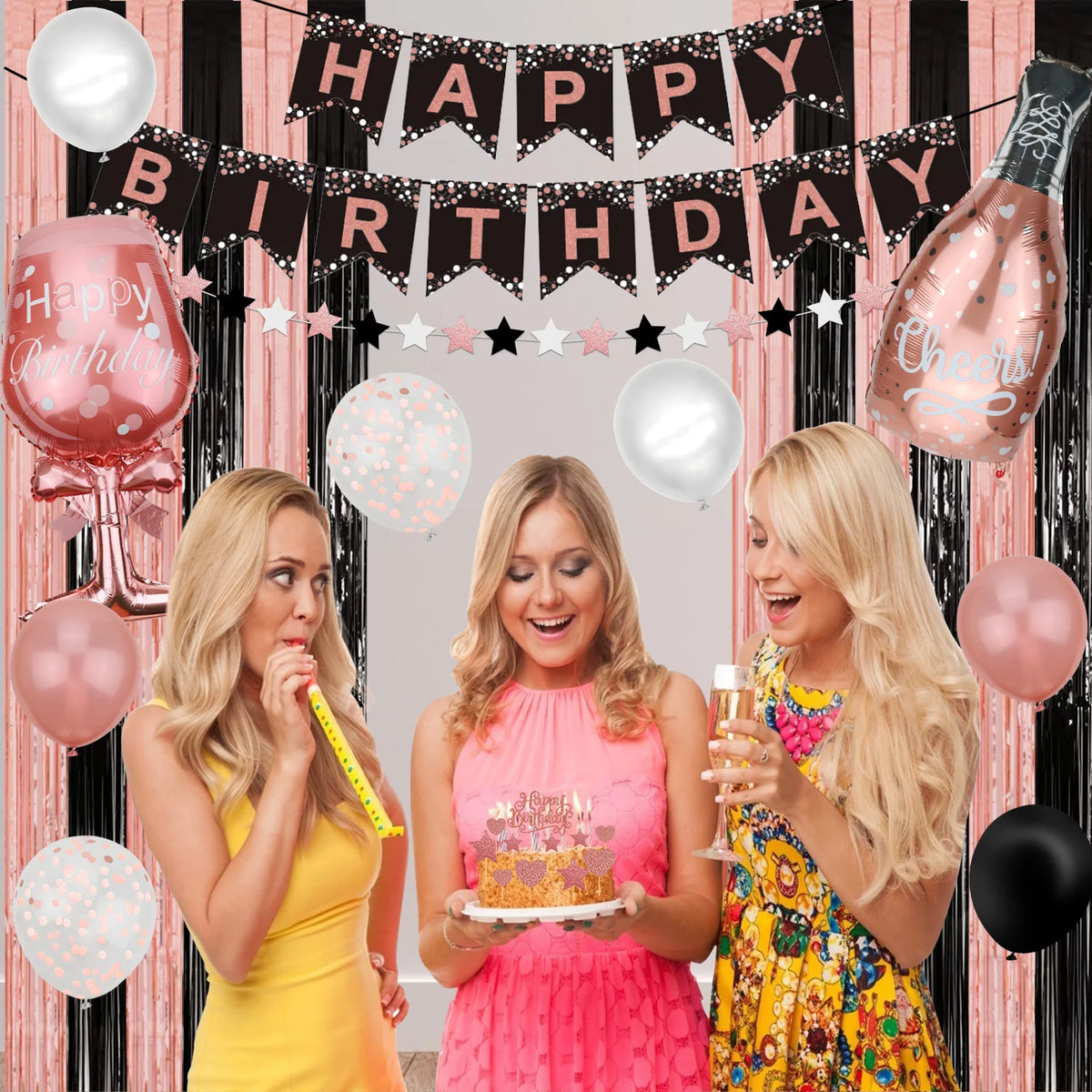 Rose Gold and Black Birthday Banner, Balloons, Fringe Curtains, Tablecloth and Cake Topper U34232