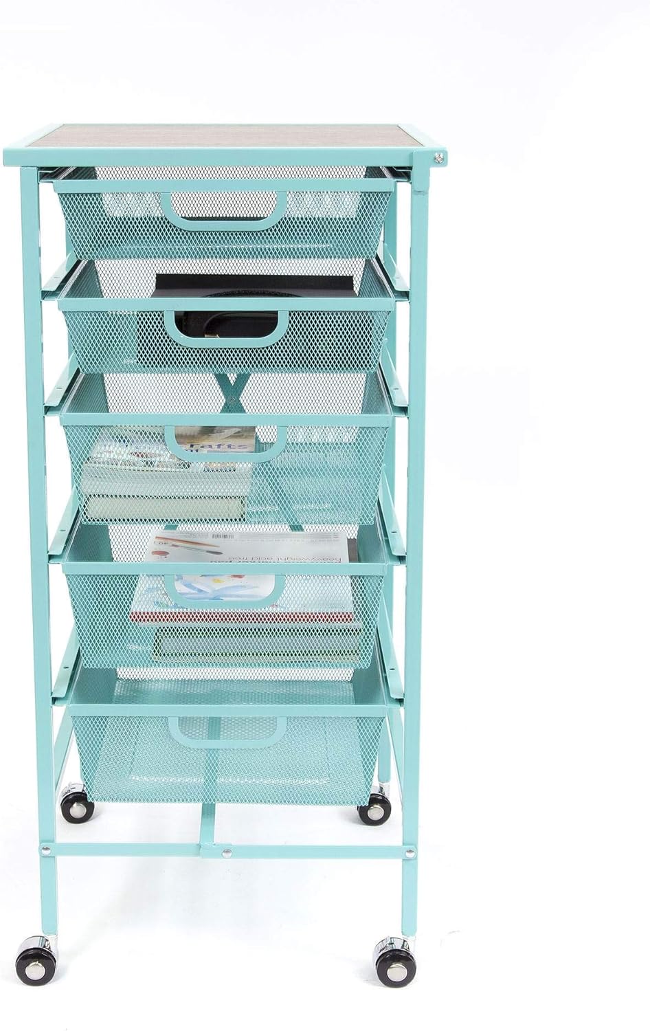 Turquoise Wheeled Folding Steel 5 Drawer Kitchen Cart Wood Top I93535