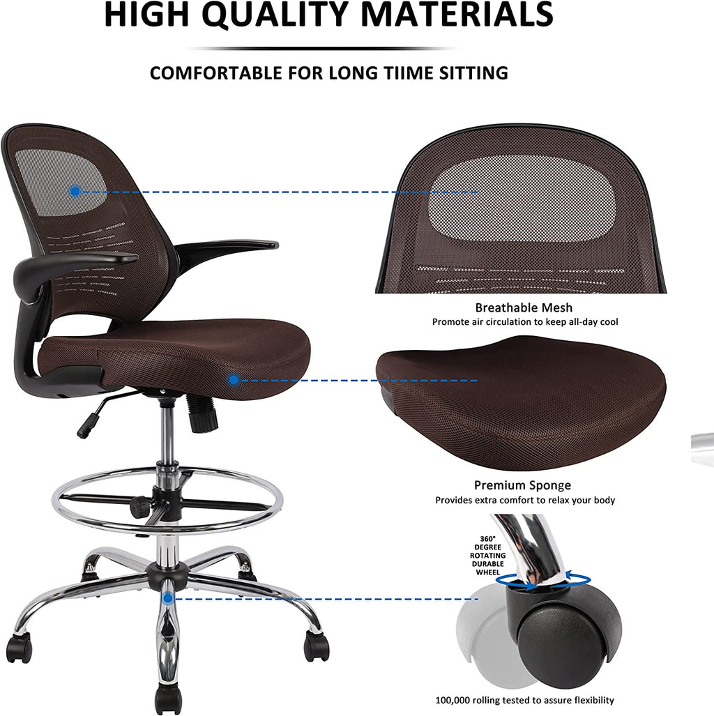 Brown Mesh Drafting Chair with Flip-Up Arms J741643