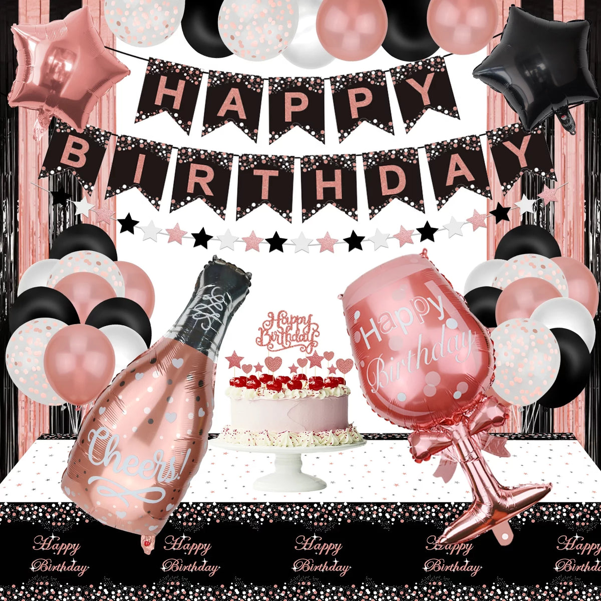 Rose Gold and Black Birthday Banner, Balloons, Fringe Curtains, Tablecloth and Cake Topper U34232