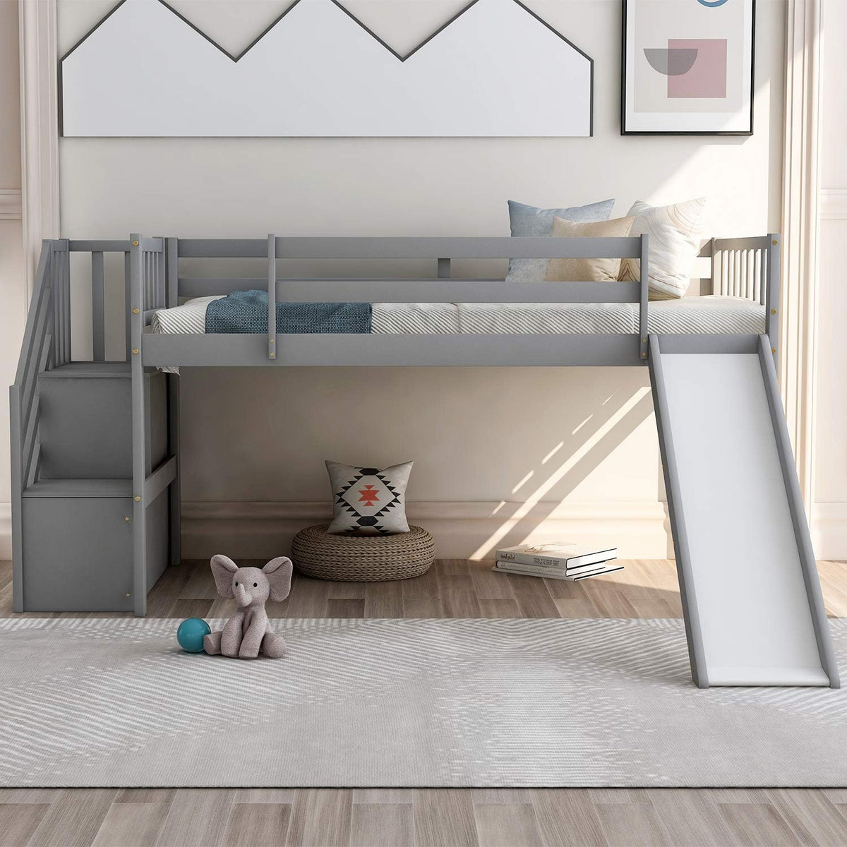 Twin Loft Beds with Slide and Staircase I536