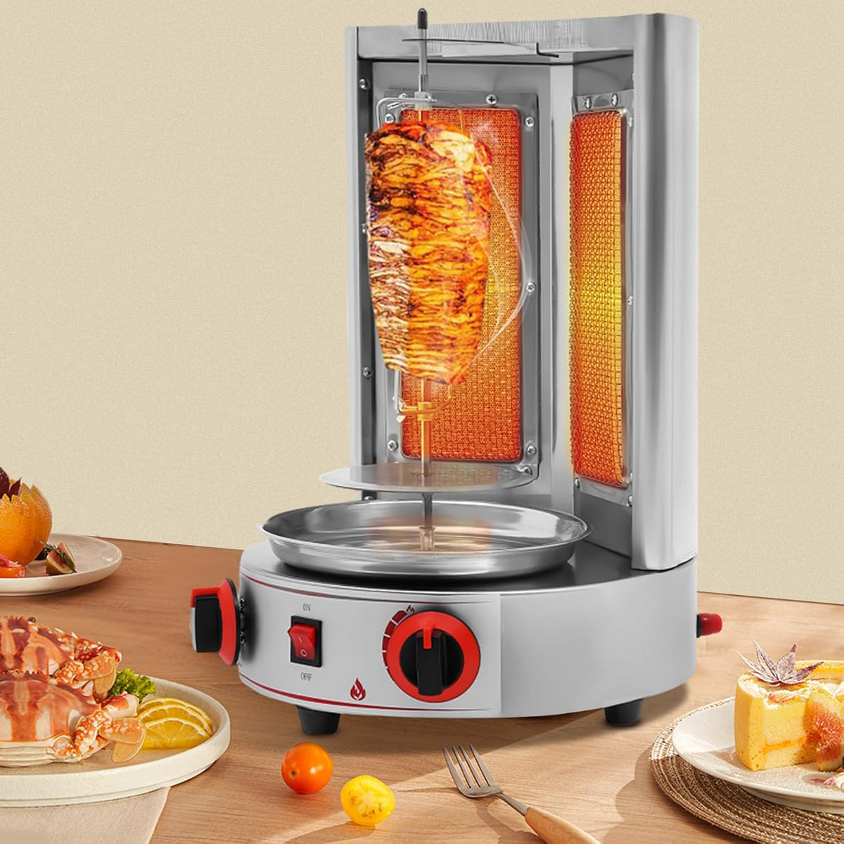Stainless Countertop Gas Vertical Broiler Rotisserie Grill with 2 Burners Q8302