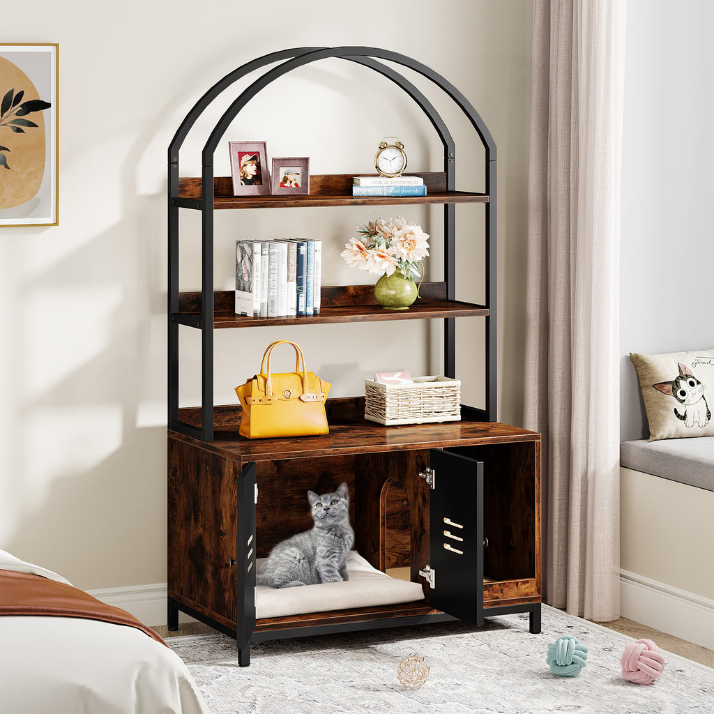 Cat Litter Box Enclosure Furniture with Shelves and Doors W417