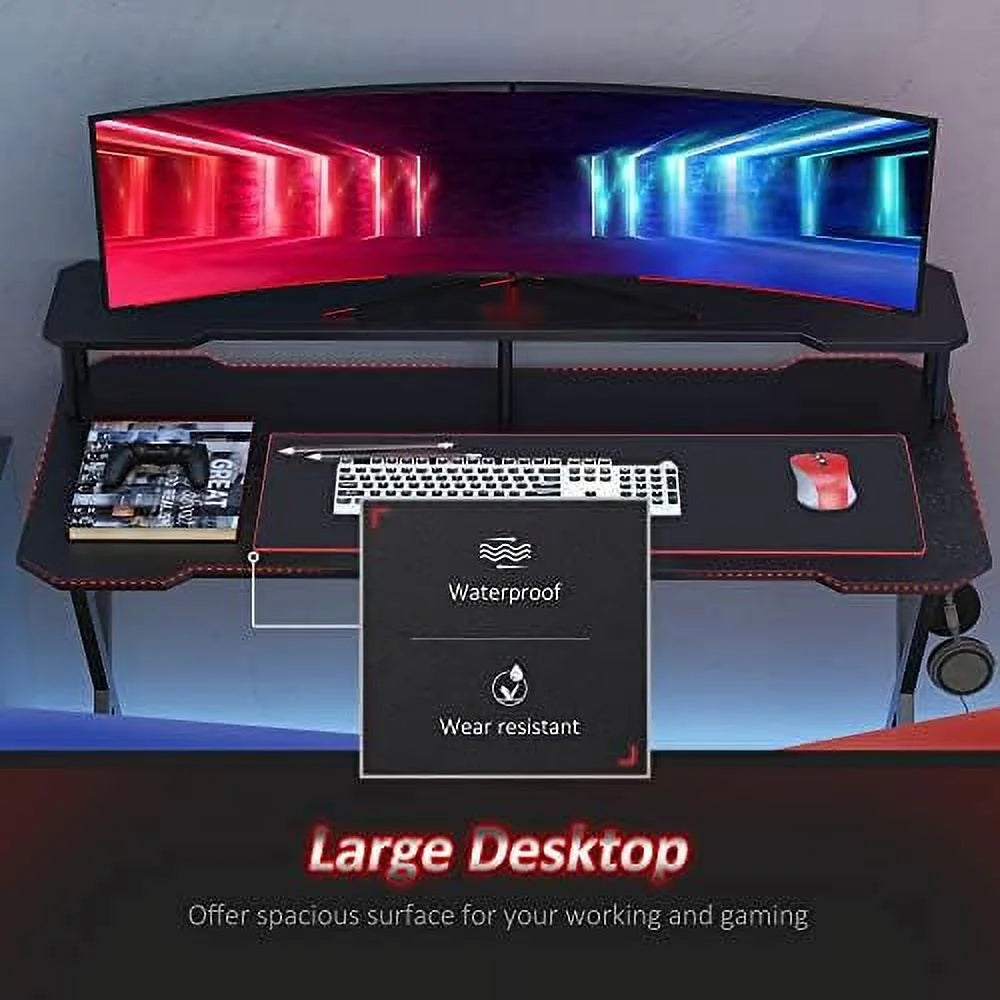 55 Inch Black Gaming Desk with Monitor Stand P57989