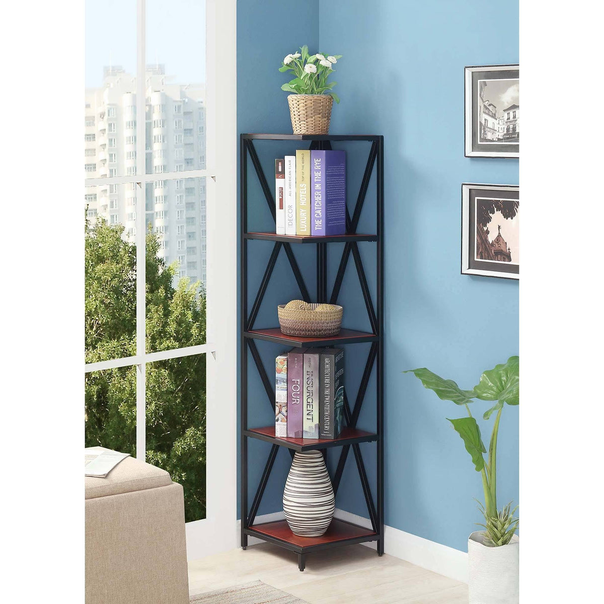 Cherry/Black Metal 5 Tier Corner Bookcase A1813