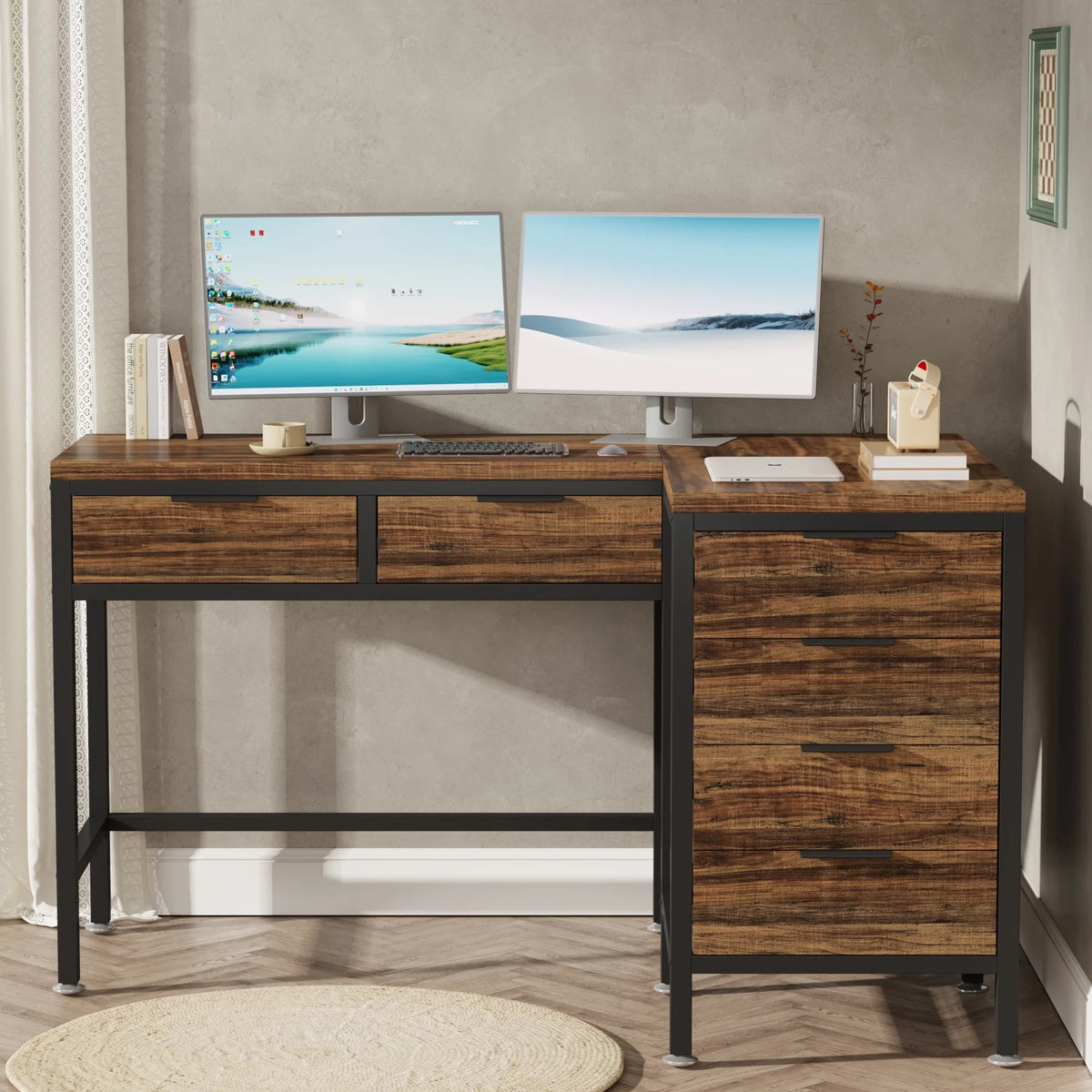 L-Shaped Desk with 6 Drawers, 47 in. Computer Corner Desk O79188