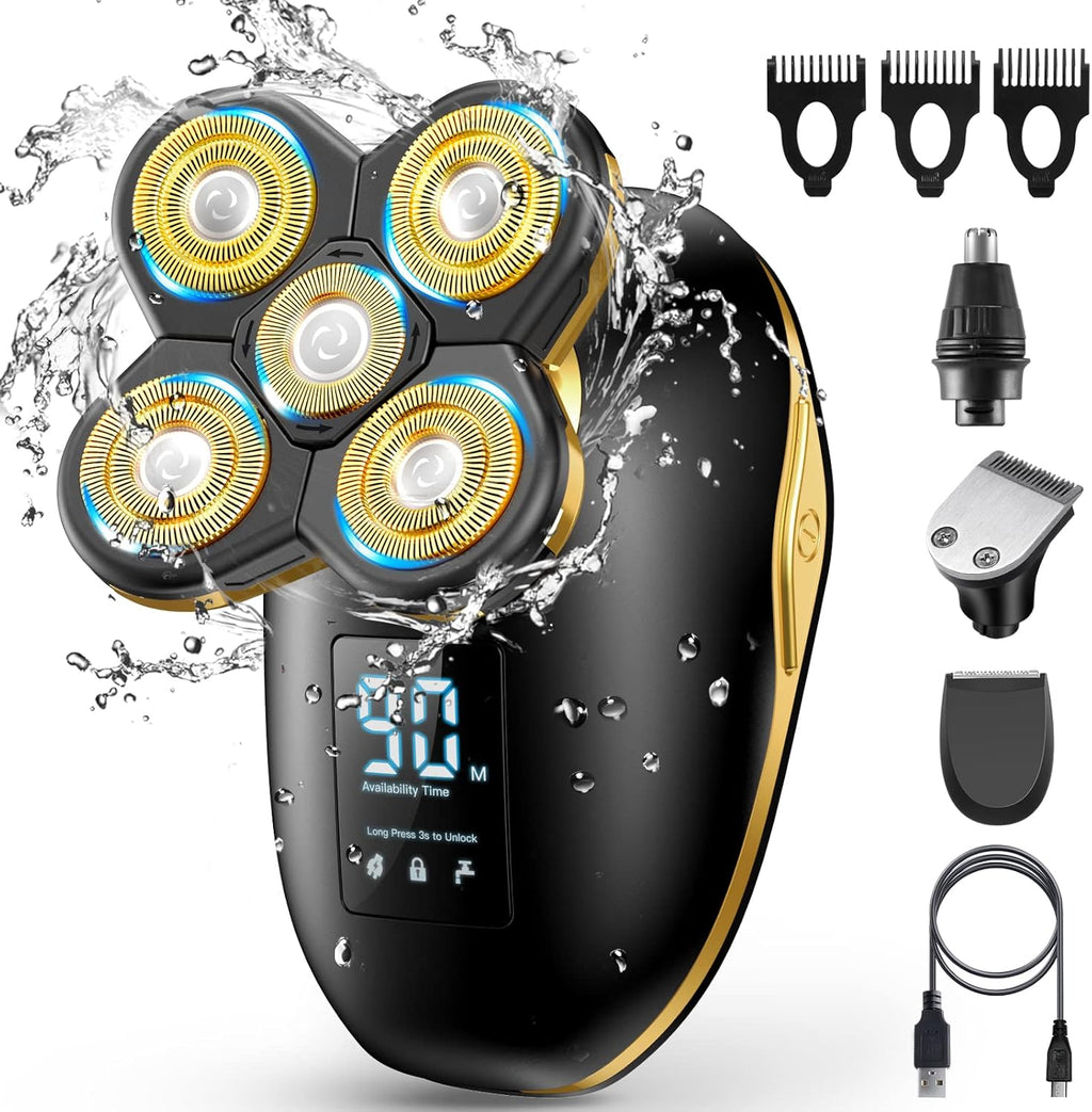 Head Shaver Electric Razor 6D Floating 5 in 1 Wet & Dry Waterproof Bald Head Shaver LED Display Rotary Gold Pack of 2 J23721