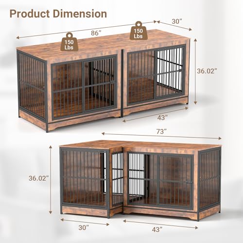 86 Inch Double Dog Crate Furniture with Removable Divider & Trays U170
