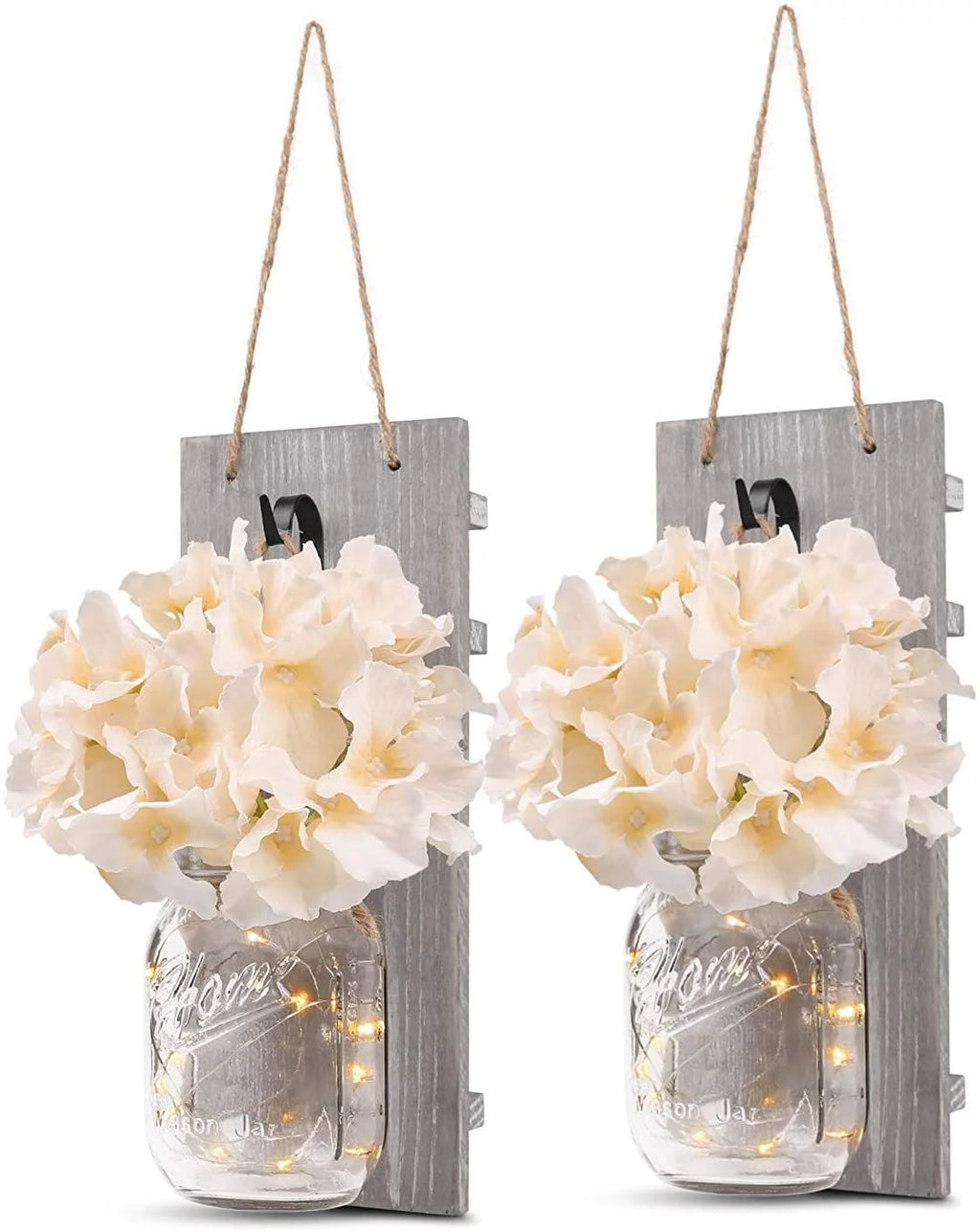Set of 2 Grey Mason Jar Wall Sconces with Hooks A3217