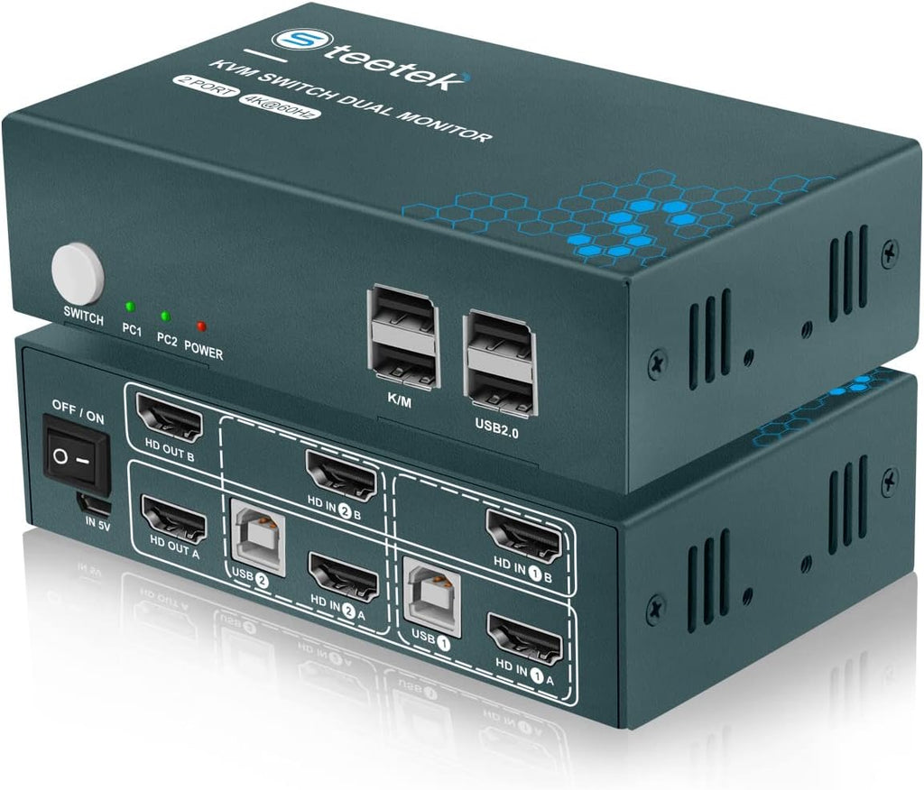 KVM Switch Dual Monitor 4 Port 4K@30Hz, HDMI 4 in 2 Out, with 8 HDMI and 4 USB Cables U8336