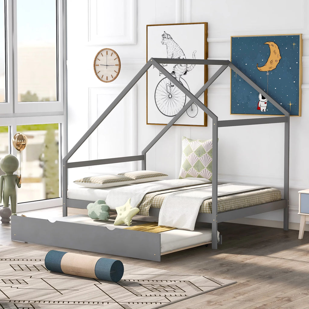 Full Size Wooden House Bed with Twin Size Trundle C12570