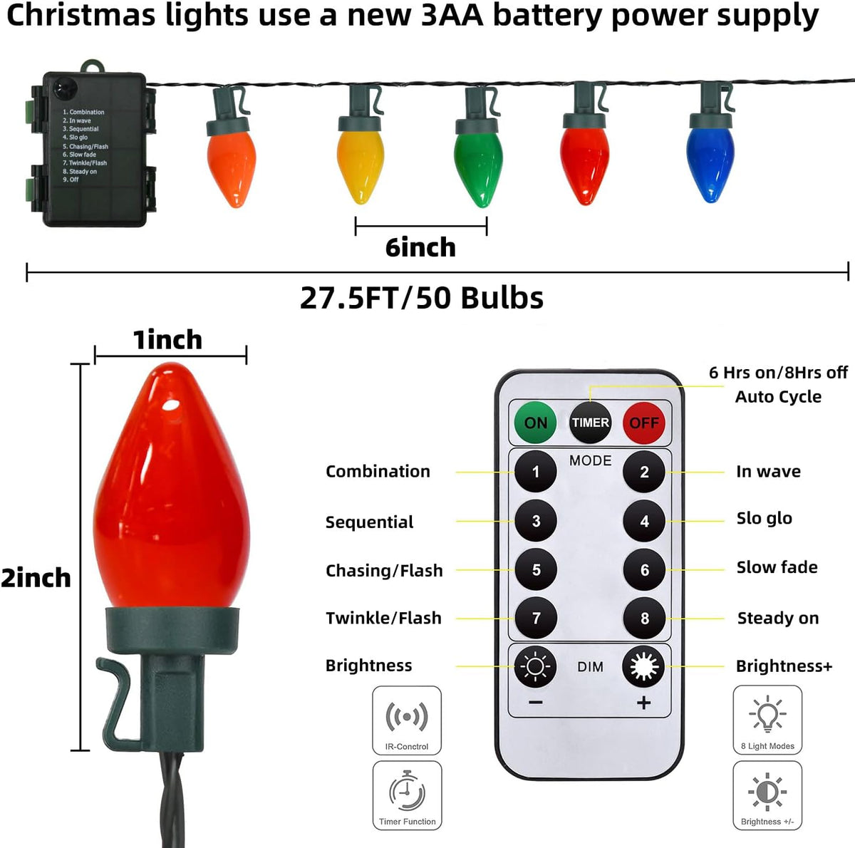 27.5FT C7 LED Christmas Lights with Remote, 8 Mode, 50 Light Bulbs X39712