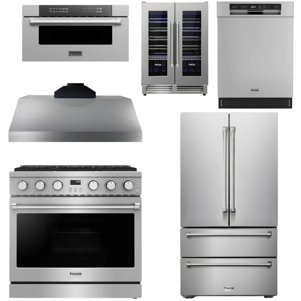 36 Gas Range, Range Hood, Refrigerator, Dishwasher, Microwave and Wine Cooler M579420