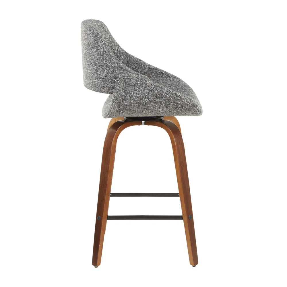 Mid-Century Modern Counter Stool in Walnut and Grey Noise Fabric - Set of 2 C81842