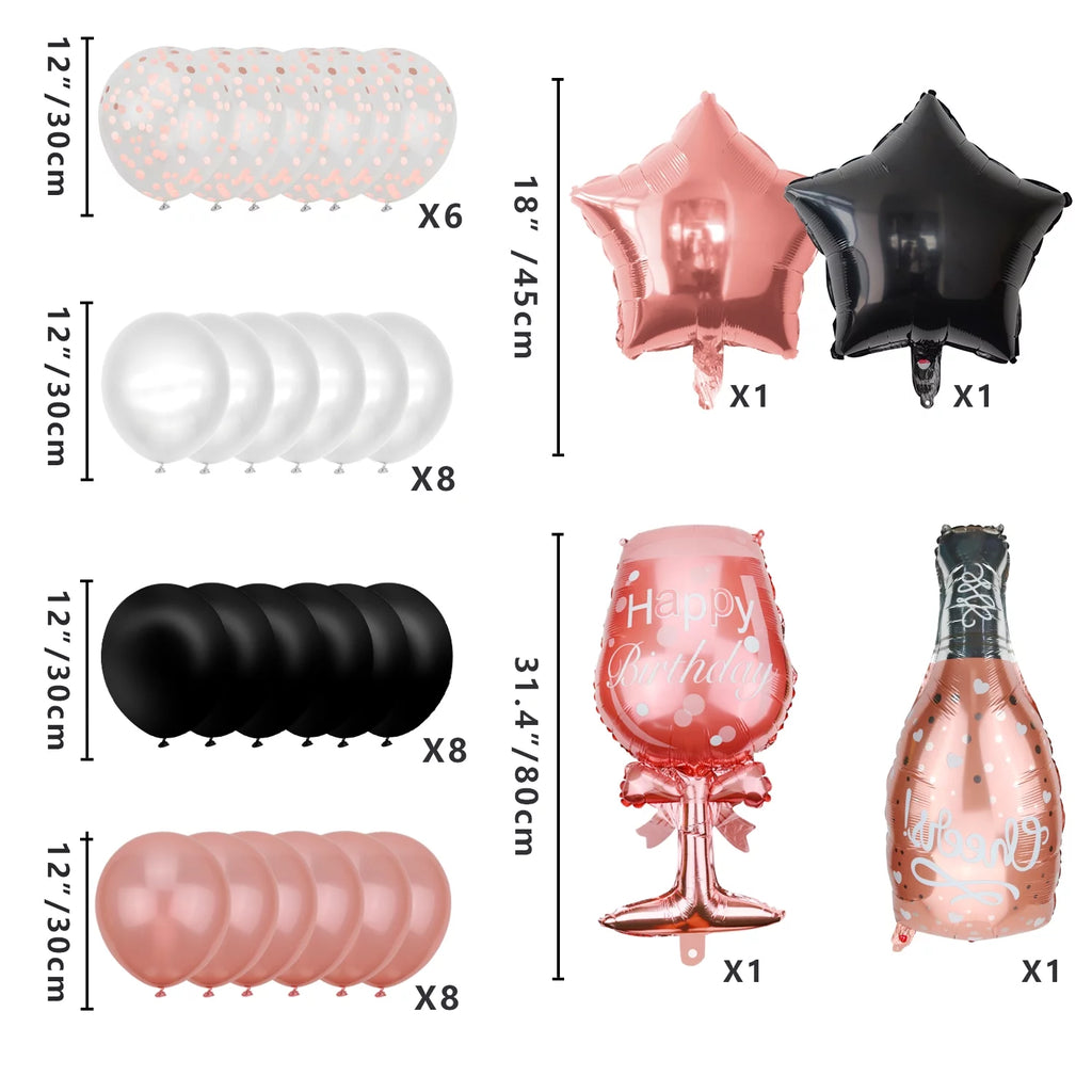 Rose Gold and Black Birthday Banner, Balloons, Fringe Curtains, Tablecloth and Cake Topper U34232