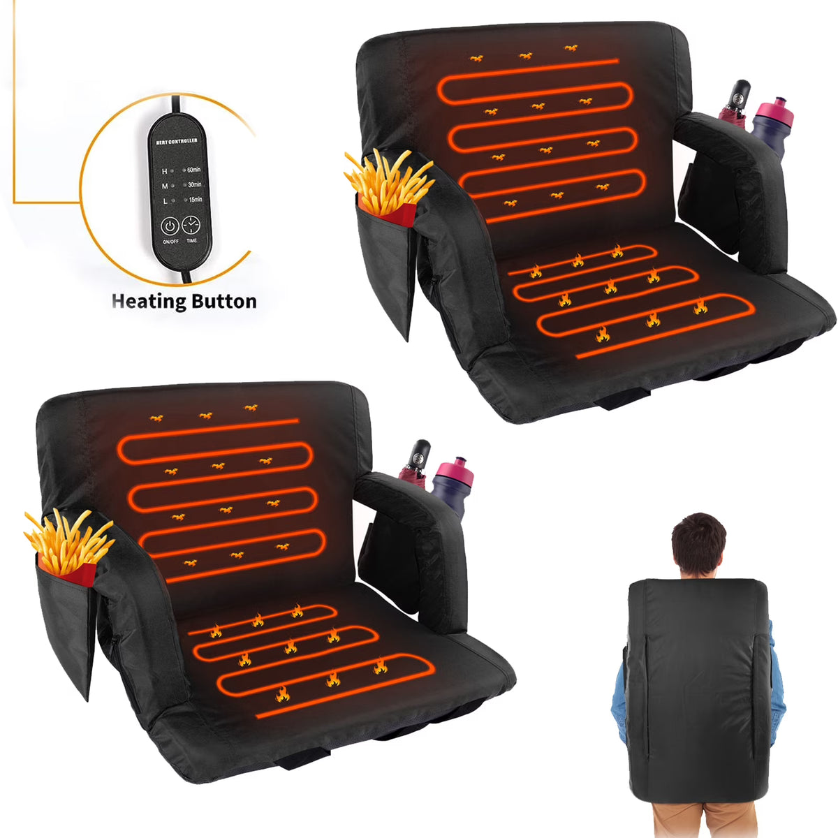 Heated Folding Stadium Seat with Back Support, 6 Reclining Positions, 3 Heat Modes K36854