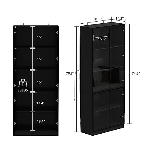 Black Glass Door Cabinet with 4 Shelves and 2 Drawers W1587