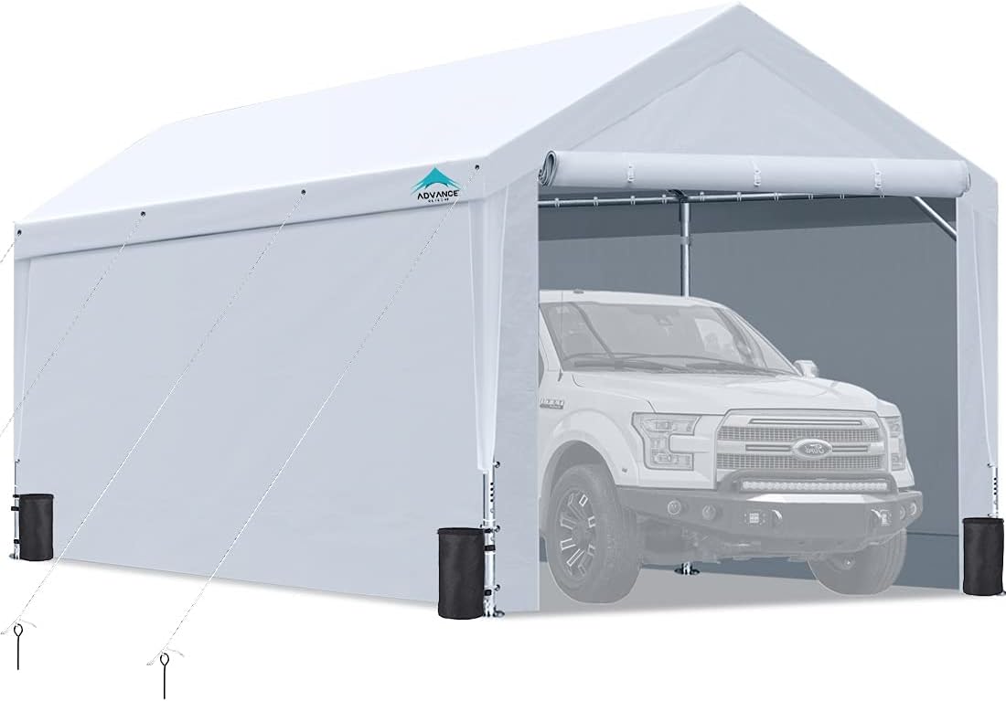 10x20 ft Heavy Duty Steel Carport with Adjustable Height, Sidewalls and Doors M91419