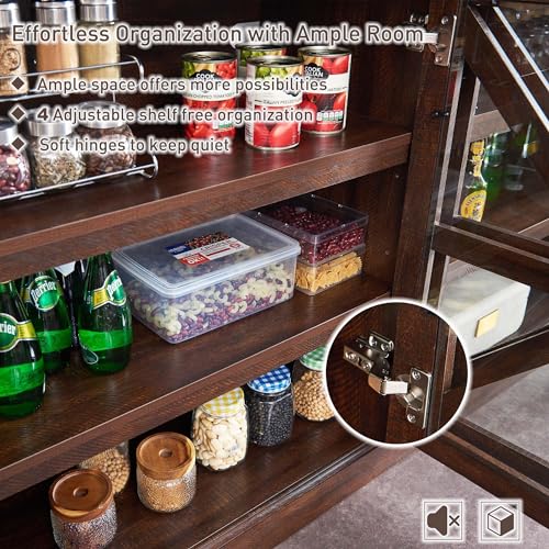 70" Wood Rustic Sideboard Buffet Cabinet with 4 Glass Barn Doors & Adjustable Shelf (Dark Grey) D85591
