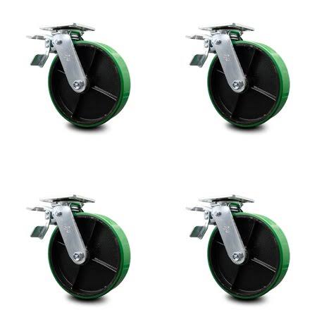 8 inch Green Poly on Steel Caster Set with Roller Bearing and Total Lock Brake D4220