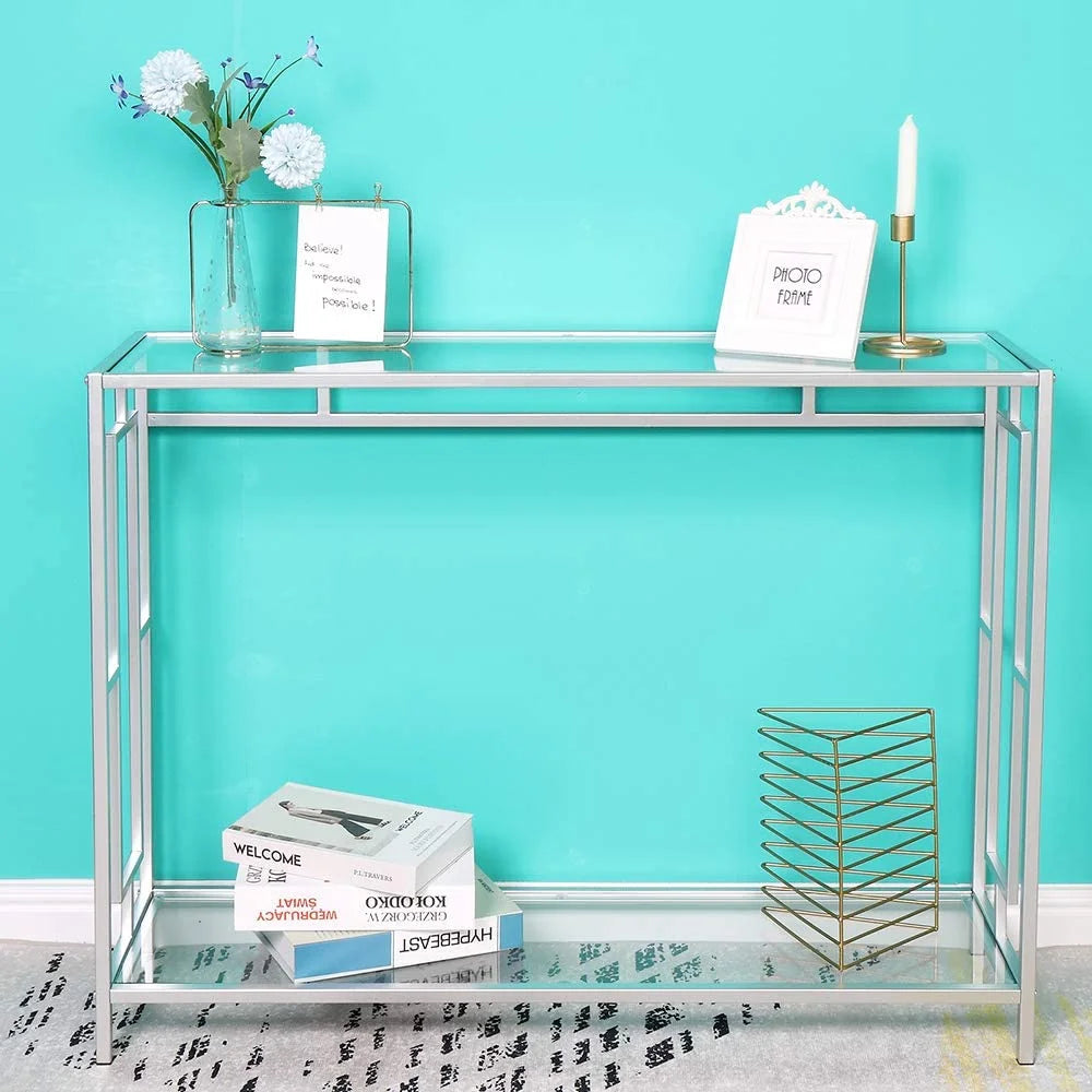 2-Tier Glass Console Table with Tempered Glass Top and Metal Frame E933772