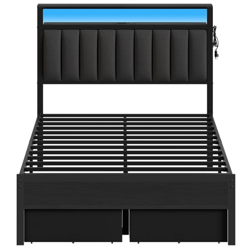 Grey Upholstered Twin Bed Frame with Charging Station and LED Lights A71132