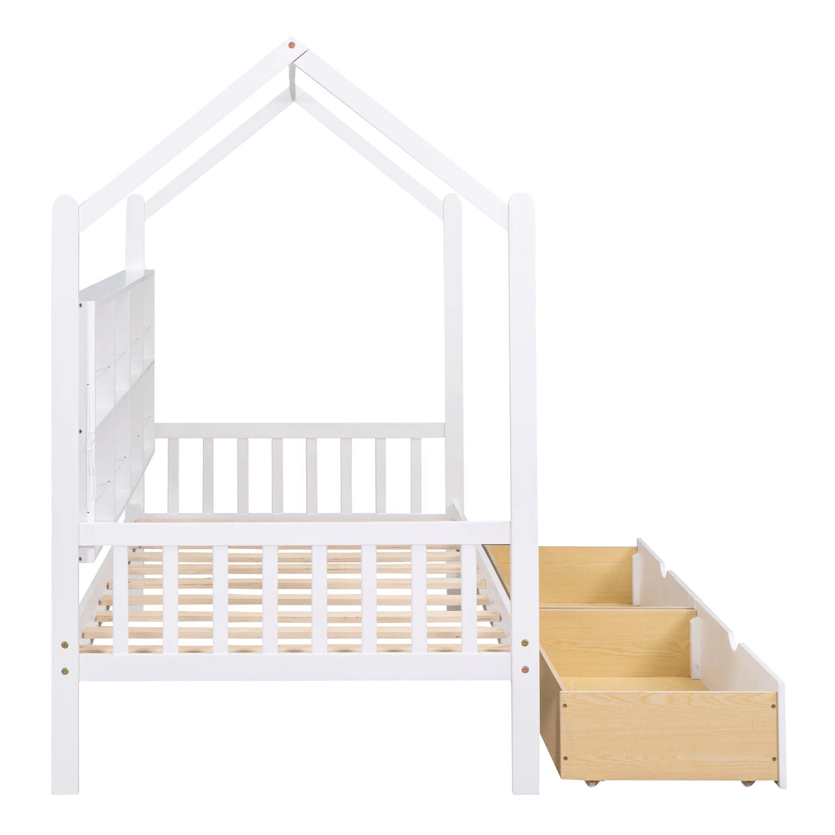 White Twin House Bed with Storage Drawers and Shelves U447