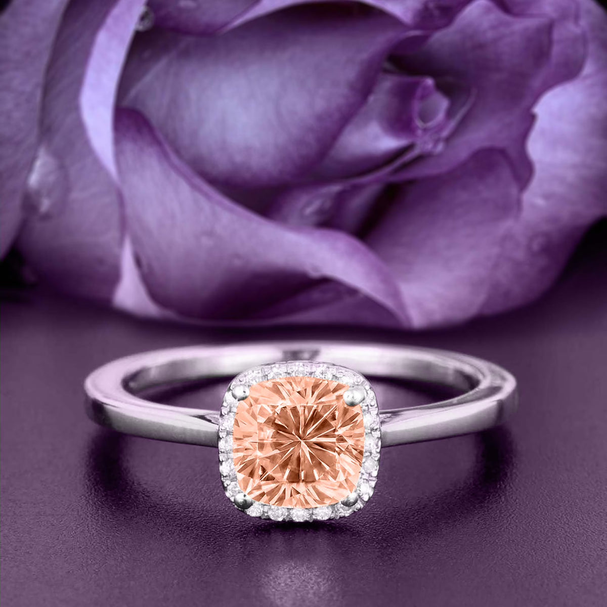 1.55 Carat Cushion Cut Morganite And Diamond Moissanite Engagement Ring in 10k Solid White Gold S822056