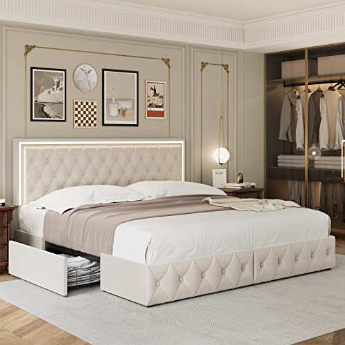 White Upholstered LED Bed Frame with 4 Drawers Z1328