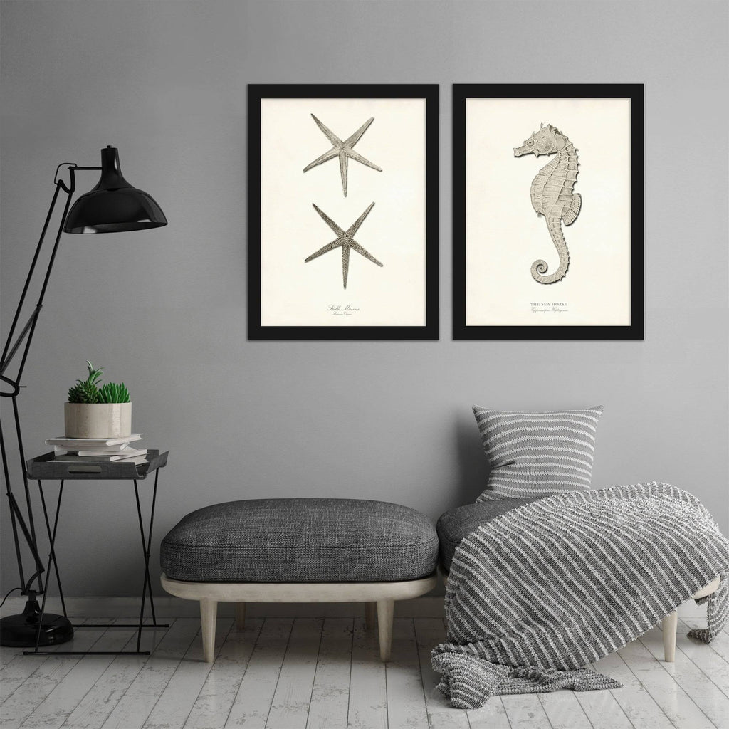 Greige Sea Horse 2 Piece Black Framed Print Set O999