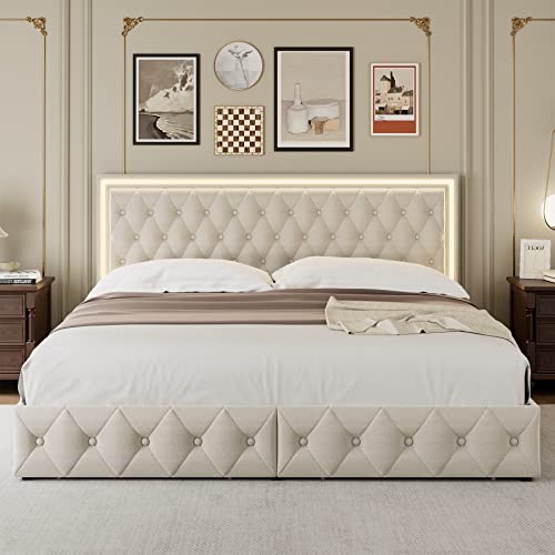 White Upholstered LED Bed Frame with 4 Drawers Z1328