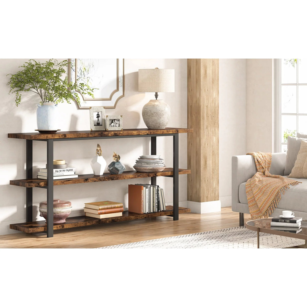 3-Tier Rustic Brown Console Table Shelving Unit M5926